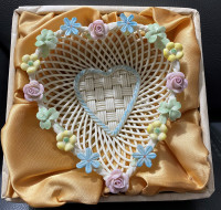 Vintage Belleek 4-Strand Heart-Shaped Porcelain Basket