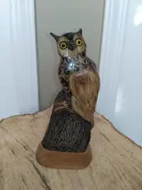 Hand Carved Owl on Wood Base From Camrose AB 7 3/4" H X 3 3/4" W