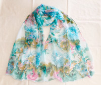 Silk Feeling Chiffon Oblong Scarf Floral Blue ～ Fast Delivery