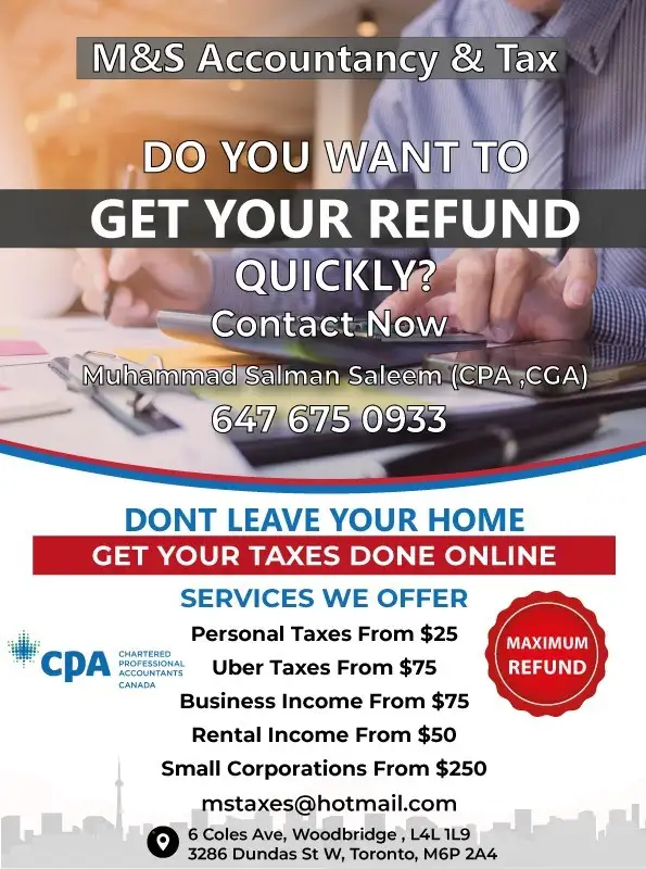 PERSONAL TAXES FROM $20/GET YOUR REFUND QUICKLY!!! CPA CGA