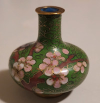 Vintage Miniature Cloisonne Enameled Green Vase with Flowers