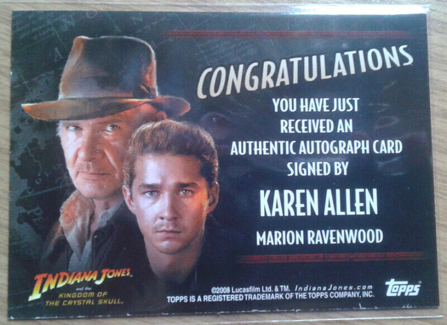 autograph card Karen Allen Auto, Indiana Jones KOTCS, Topps dans Art et objets de collection  à Ouest de l’Île - Image 4