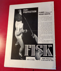 VINTAGE 1937 FISK TIRES AD WITH FENCING MATCH - ANNONCE PNEUS