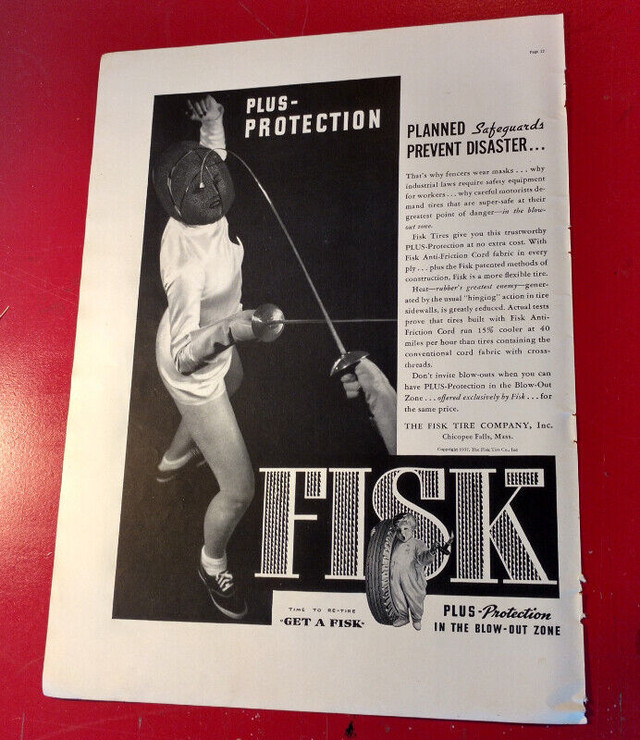 VINTAGE 1937 FISK TIRES AD WITH FENCING MATCH - ANNONCE PNEUS dans Art et objets de collection  à Ville de Montréal