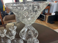 Vintage glass punch bowl (1960s) with 24 glasses.  