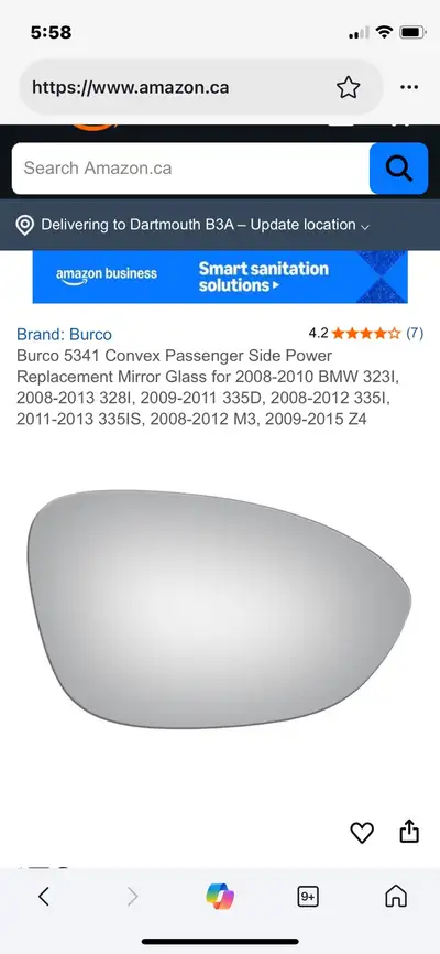 Burco replacement mirror glass, passenger side, fits most 3 series but not coupe. New BMW replacemen...
