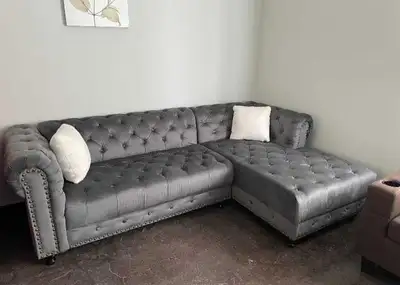 Grey Velvet Sofa with Tufted Back and Nailhead Trim, View more