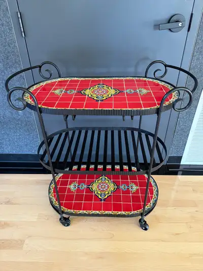 vintage mosaic tile and wrought iron bar cart, View more