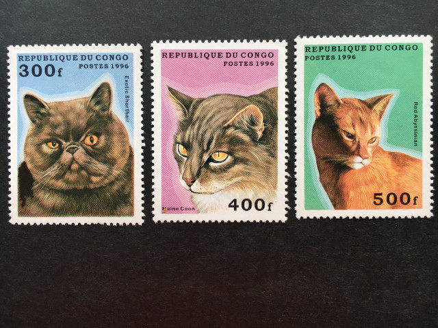 TIMBRES ET FEUILLET, CONGO 1996, CHATS, sept timbres. dans Art et objets de collection  à Longueuil/Rive Sud - Image 3