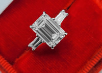 IGI 3.39 CTW Emerald Cut with Baguettes Three Stone Diamond Ring