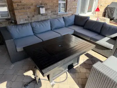 Our patio sectional with chair and fire table, View more