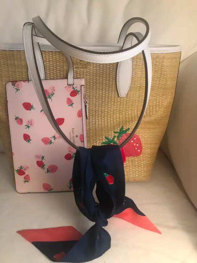 Kate Spade strawberry straw tote, hand purse, and scarf