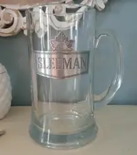 Vintage oversize Sleeman glass beer mug stein with pewter plaque