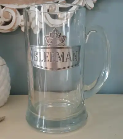 Vintage oversize Sleeman glass beer mug stein with pewter plaque, View more