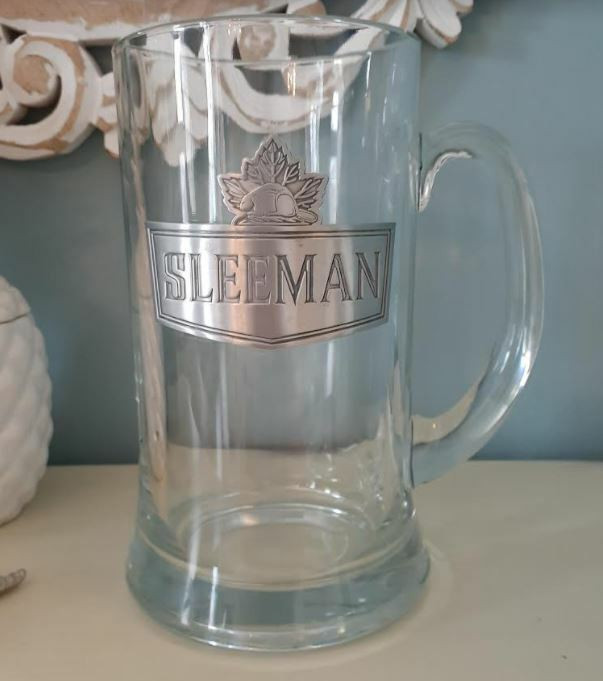 Vintage oversize Sleeman glass beer mug stein with pewter plaque for sale  