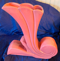 Vtg MCM Pottery Pink Glazed Flared Leaf Relief Design Vase 14.5"