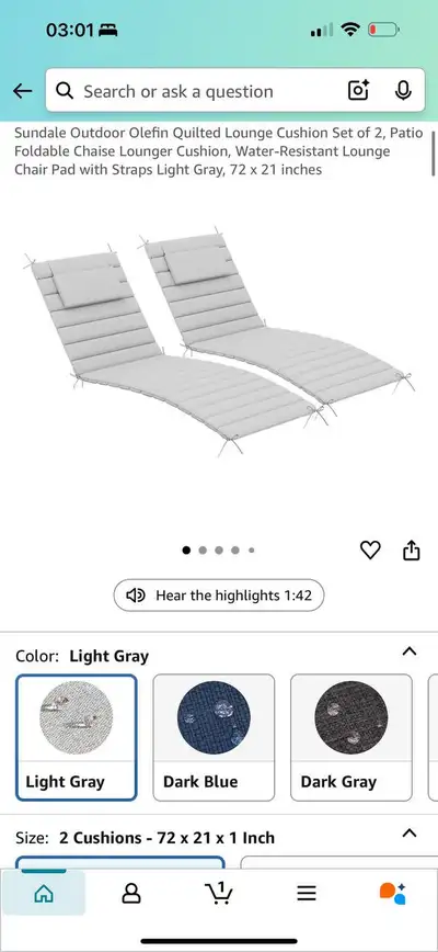 Set of 2 Outdoor Chaise Lounge Cushions – Light Gray, View more