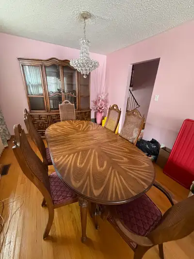 1970s Solid Wood Dining Set - Table, 6 Chairs, China Cabinet, View more