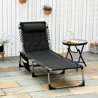 Folding Chaise Lounge Chair, Outdoor Padded Reclining Chair with 5-position Adjustable Backrest, Pil...