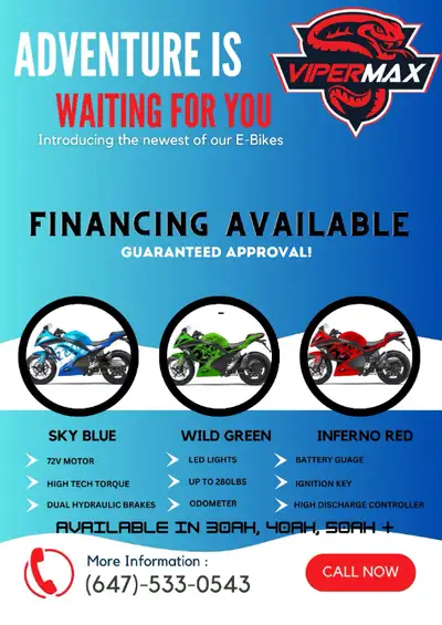 Motorcycle Style E-BIKE - $2,999 - FINANCING AVAILABLE!, View more