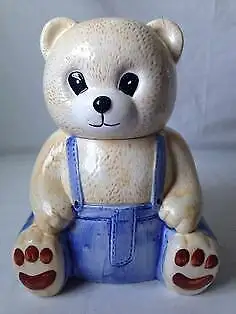 Vintage Mongomery Ward Teddy Bear in overalls cookie jar. Brand new . Aprox 10 1/2 inches tall Askin...
