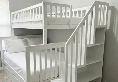 Twin Over Double White Bunk Bed With Modern Storage Design, View more