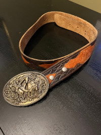 Vintage Leather “Bull Rider” Belt & Buckle 36”
