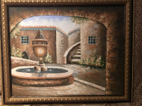 For sale oil painting of mediterranean yard with fountain