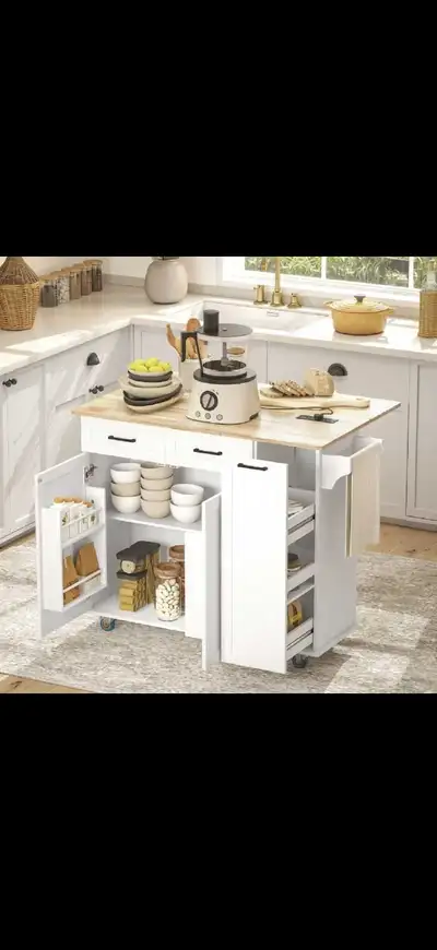 Kitchen Island on Wheels with Wood Drop Leaf, View more