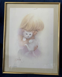 Bob Harrison Framed Print Art Girl holding cat kitten decor
