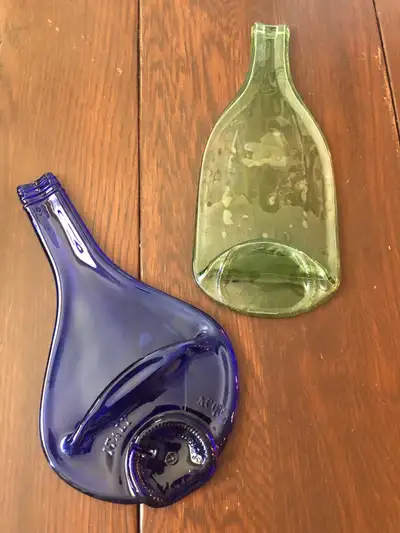 2 Slumped Glass Bottle Spoon Rest Serving Tray Decor Blue Green, View more