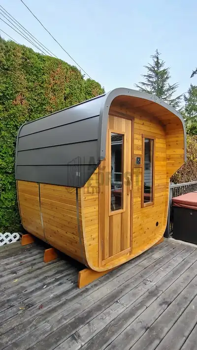 Handcrafted Western Red Cedar Barrel Sauna – 6FT Room + 1FT Canopy Experience real heat, calm, and l...