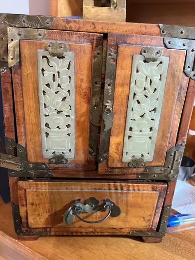 vintage Chinese rosewood jewelry box with brass fittings and carved jade panels. From 1940 Shanghai...