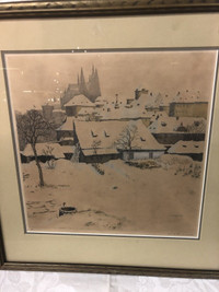 Antique art etching Czech  picture artist Prague 