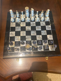 Vintage Chinese Etched Mother of Pearl inlaid chess set.15”x15”.