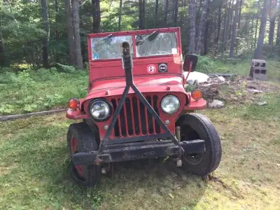 This is a 1946 WILLIS JEEP. NEEDS SOME WORK NATURALLY. HAS ORIGINAL RED PAINT AND LEATHER SEATS. I K...