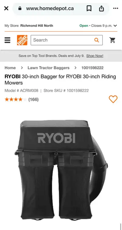 Ryobi Riding Mower 30” Bagger, View more