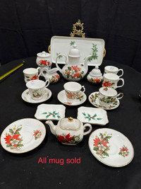 Vintage Christmas tea pot set, tea cup and platter 