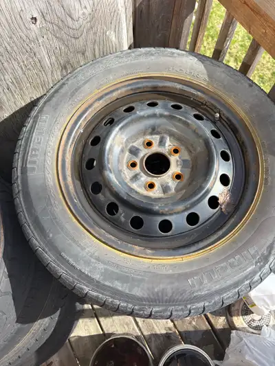 Complete set of four (4) tires mounted and balanced on black steel rims. Ready to be bolted onto you...