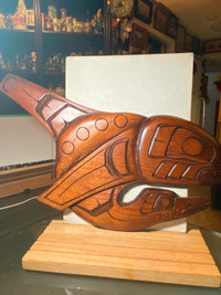 First Nations Art  Wood Carved   Plaque by Larry Hunt 1982 .