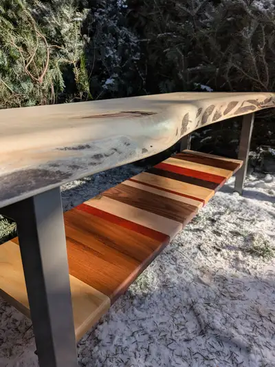 Unique front hallway single slab wood/metal benches., View more