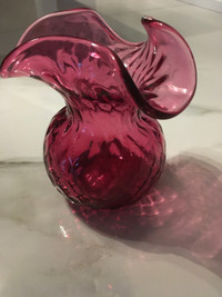 Fenton crimped top , optic cranberry glass vase