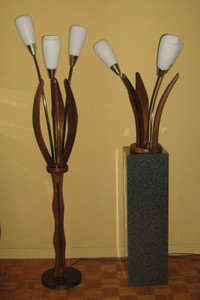 Unique Vintage Sculptured Teak & Brass Lamps with Frosted Shades