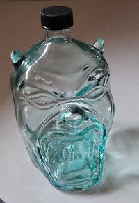 Rare Unique Greenish Glass Devil Head Decanter with Lid 