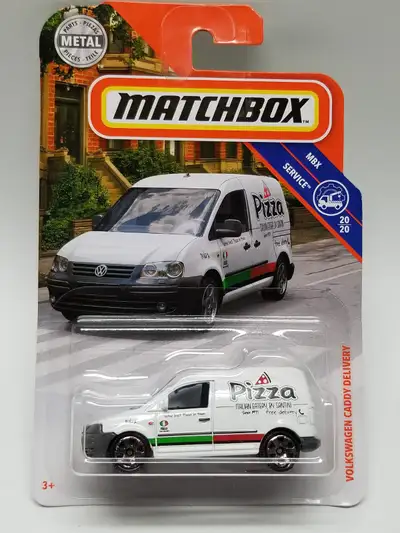 Matchbox, MBX Service, Volkswagen Caddy Delivery, pizza van, white In like-new condition. Small ding...