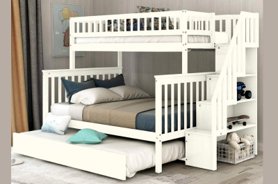 T2594W - Twin / Double Bunk Bed Frame with Trundle and Staircase