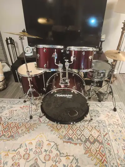 5 pc. Mapex Tornado drums, hardware, cymbals, upgrades., View more