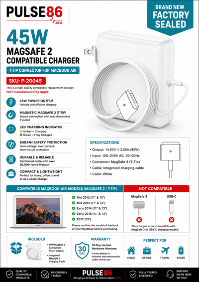 45W MagSafe 2 Compatible Charger for MacBook Air | T-Tip | Facto, View more