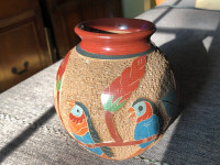 Vintage Nicaragua Carved Birds and Flower Clay Pottery Vase Pot