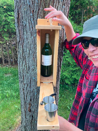 Fake Birdhouse holds wine bottle and cups GIFT FOR HIM!